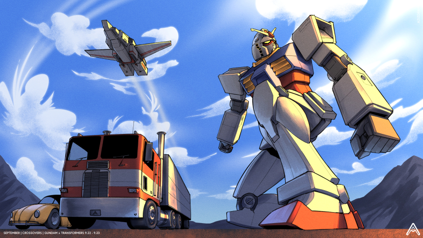 aircraft artist_name azizdraws blue_sky box_truck bumblebee_(transformers) car cloud gundam highres jetfire mobile_suit mobile_suit_gundam motor_vehicle mountain no_humans on_one_knee optimus_prime rx-78-2_gundam sky transformers truck volkswagen_beetle