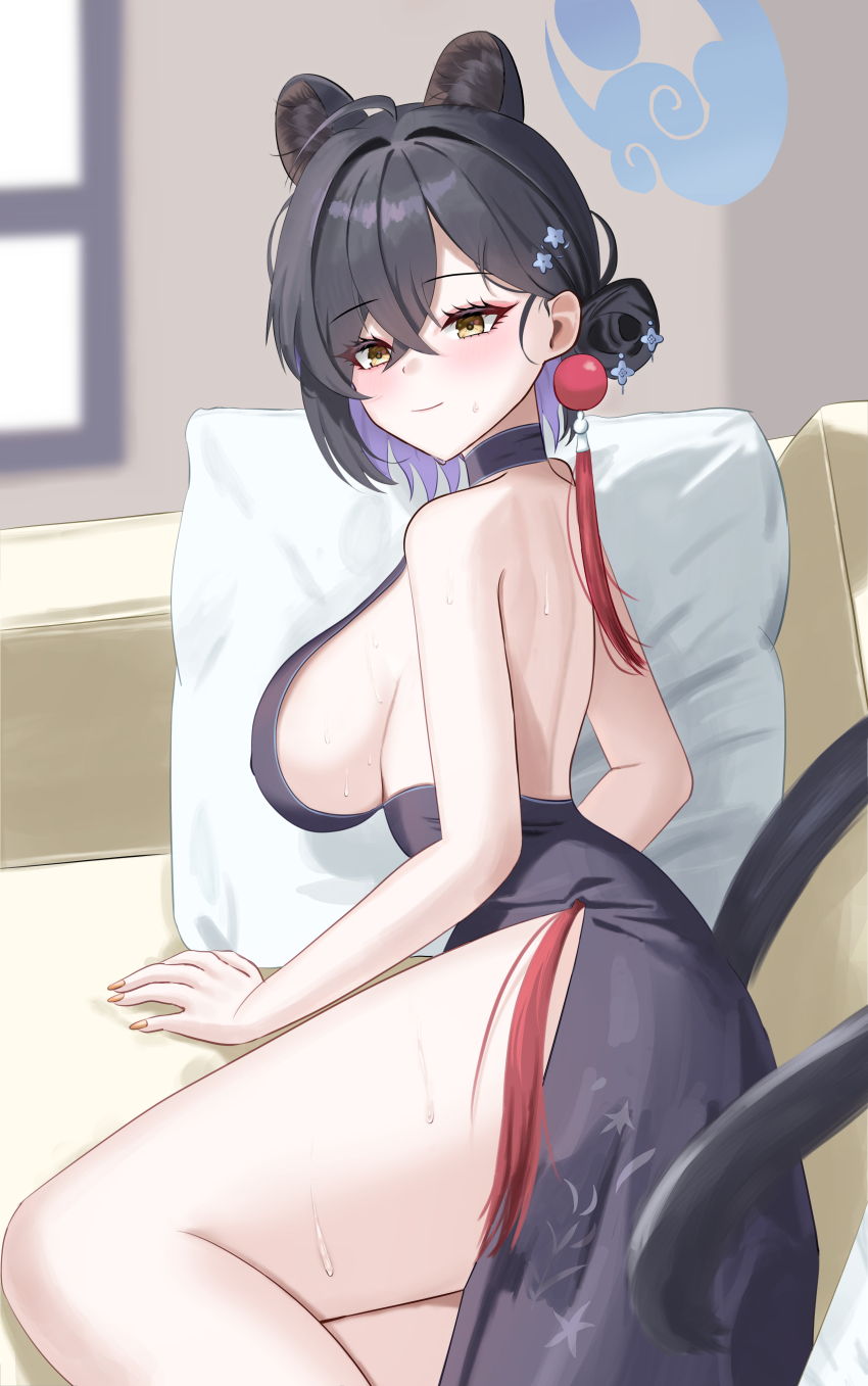 1girl absurdres animal_ears black_dress blue_archive blue_halo breasts cat080805 china_dress chinese_clothes colored_inner_hair dress extra_ears eyeliner hair_bun hair_ornament halo highres kaguya_(blue_archive) large_breasts makeup mandarin_collar multicolored_hair panther_ears panther_girl panther_tail red_eyeliner sideboob single_hair_bun sleeveless_turtleneck_dress solo tail tassel tassel_hair_ornament