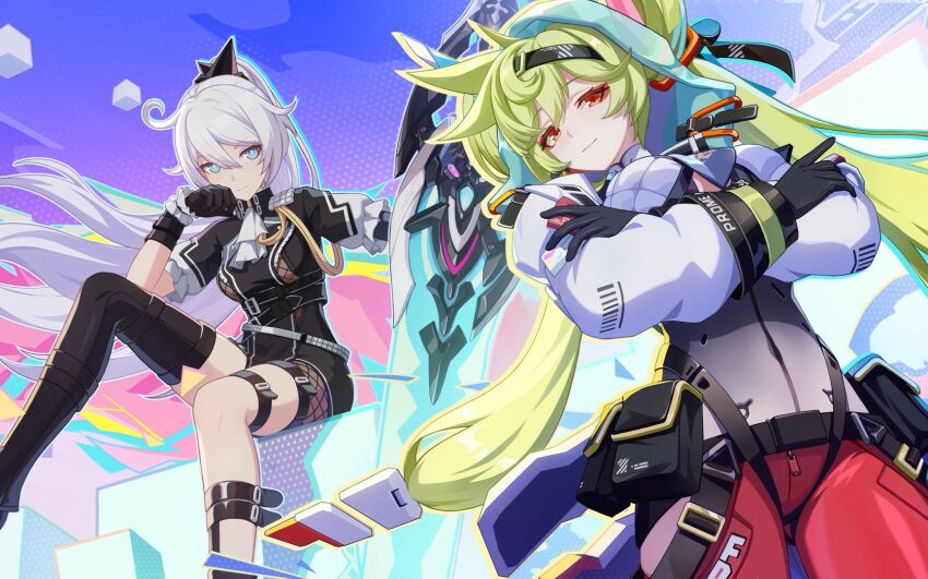 2girls ahoge ai-chan_(honkai_impact) ai_hyperion_lambda ai_hyperion_lambda_(chrono_navi) artist_collaboration bad_source black_footwear black_gloves black_headwear black_shorts blue_eyes closed_mouth cosplay crossed_arms eyeliner galo_thymos galo_thymos_(cosplay) gloves green_hair hair_between_eyes hand_on_own_chin highres holding holding_sword holding_weapon honkai_(series) honkai_impact_3rd kiana_kaslana kiana_kaslana_(herrscher_of_flamescion) lio_fotia lio_fotia_(cosplay) logo long_hair long_sleeves looking_at_viewer makeup multiple_girls official_alternate_costume official_art ponytail promare red_eyeliner red_eyes shorts single_thighhigh sitting smile sword thigh_strap thighhighs twintails upper_body weapon white_hair white_sleeves