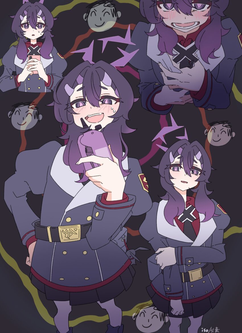 belt black_necktie black_skirt blush doodle_sensei_(blue_archive) halo hand_on_own_hip hands_on_own_chest haruka_(blue_archive) highres holding holding_own_arm holding_phone iso_999 looking_at_viewer military_uniform monitoring_(vocaloid) multicolored_hair multiple_hair_clips multiple_views necktie phone purple_hair red_shirt sensei_(blue_archive) shirt skirt spiral_background streaked_hair sweatdrop tareme thick_eyelashes wavy_mouth