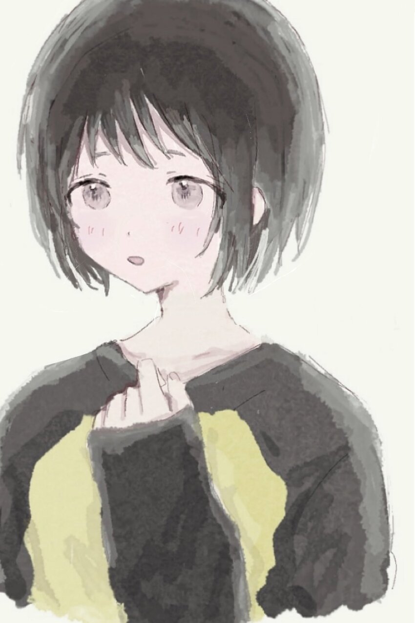 1girl black_hair black_shirt black_sleeves blush grey_eyes hand_up highres long_sleeves mg_glc nakahara_misaki nhk_ni_youkoso! parted_lips raglan_sleeves shirt short_hair solo two-tone_shirt white_background yellow_shirt