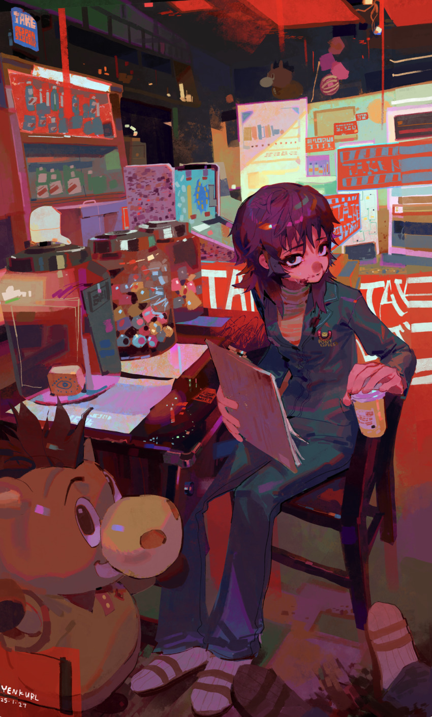 1girl 2025 anya_(mouthwashing) artist_name black_eyes blood blood_on_clothes blood_on_face blue_jumpsuit clipboard collared_jumpsuit commentary dated highres holding holding_clipboard jumpsuit long_sleeves medium_hair mouthwash mouthwashing out_of_frame yenkurl