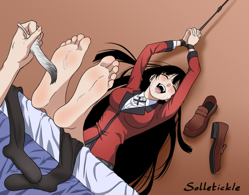 1girl barefoot bdsm black_hair bondage bound closed_eyes feathers feet foot_focus foreshortening from_above hands_up jabami_yumeko kakegurui laughing long_hair lying on_back open_mouth school_uniform shadow shoes socks soles solletickle tickling toes unworn_shoes unworn_socks