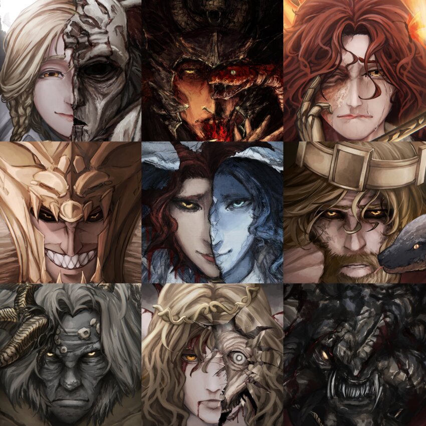2girls 6+boys alternate_form amputee armor asymmetrical_horns beard black_sclera blonde_hair blood blood_from_mouth blood_on_face blue_eyes blue_hair blue_hat blue_skin braid circlet colored_sclera colored_skin commentary crazy_grin crying elden_ring elden_ring:_shadow_of_the_erdtree english_commentary evil_smile facial_hair fake_horns fangs god-devouring_serpent godwyn_the_golden gold_armor grey_hair grin half-siblings hand_on_own_cheek hand_on_own_face hat helmet highres hollow_eyes horned_helmet horns leaning_on_self light_smile long_hair lunar_princess_ranni malenia_blade_of_miquella medium_hair messmer_the_impaler miquella_(elden_ring) mohg_lord_of_blood morgott_the_omen_king multiple_boys multiple_girls multiple_horns no_pupils ornate_armor pale_skin praetor_rykard ranni_the_witch red_hair red_snake rotting sad satsu-strive scarlet_aeonia_(elden_ring) sharp_teeth siblings side_braid sleeveless_tunic slit_pupils smile smirk snake starscourge_radahn sword tears teeth triple_amputee tunic weapon white_eyes white_tunic winged_helmet witch_hat yellow_eyes