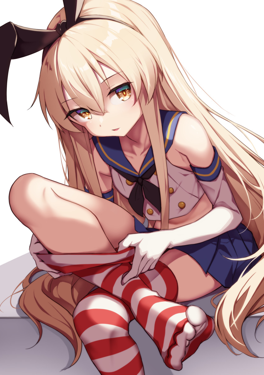 1girl adjusting_clothes adjusting_legwear black_neckerchief blonde_hair creek_(moon-sky) elbow_gloves gloves grey_eyes hair_between_eyes hairband highres kantai_collection long_hair looking_at_viewer navel neckerchief shimakaze_(kancolle) sitting solo striped_clothes striped_thighhighs thighhighs very_long_hair white_gloves