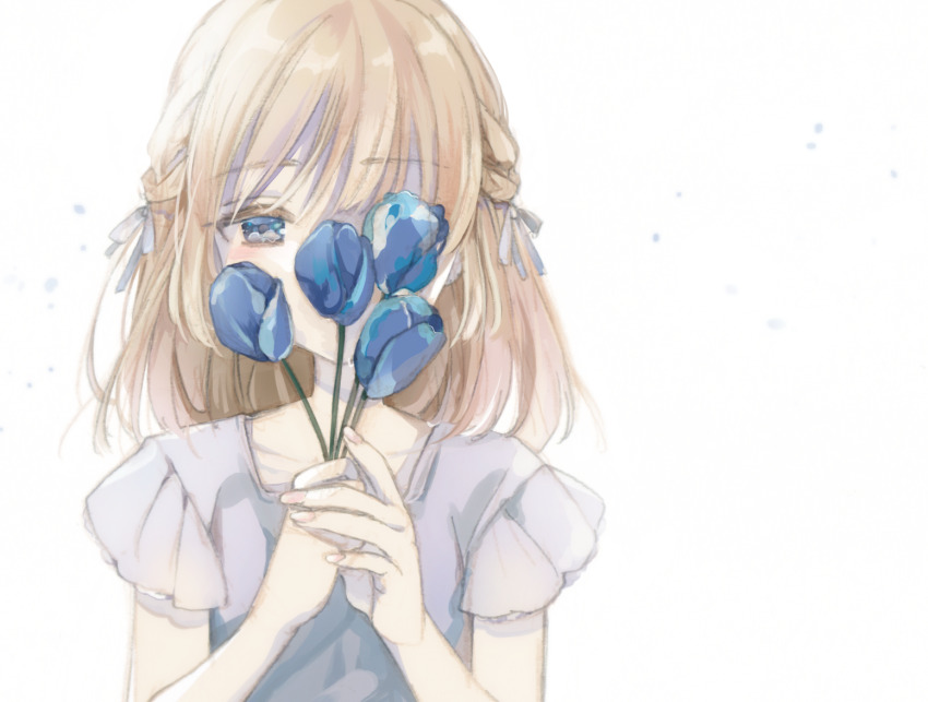 1girl blonde_hair blue_eyes blue_flower blue_tulip blush commentary_request dress flower grey_dress hair_ribbon holding holding_flower kiu_(choco015) looking_at_viewer medium_hair original ribbon short_sleeves simple_background solo tulip white_background