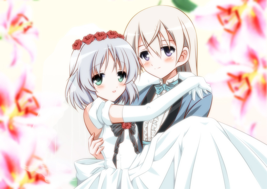2girls blue_jacket blurry blurry_background blush dress eila_ilmatar_juutilainen elbow_gloves female_focus gloves isa_(ni-iro) jacket long_hair looking_at_viewer multiple_girls open_mouth sanya_v._litvyak short_hair strike_witches striker_unit upper_body wedding_dress white_gloves wife_and_wife world_witches_series yuri