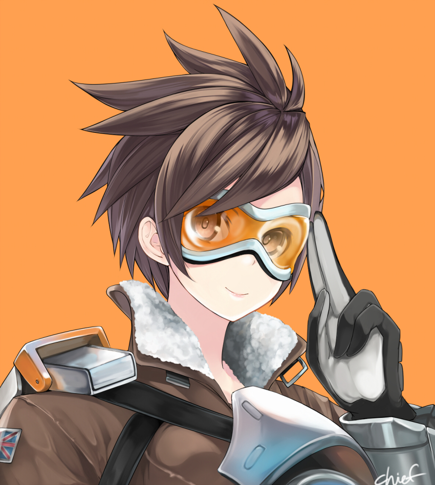 1girl art_is_de4d artist_name black_gloves bodysuit bomber_jacket brown_hair brown_jacket chest_harness female_focus gloves goggles harness high_collar highres jacket leather leather_jacket light_smile lips long_sleeves looking_at_viewer orange_background overwatch overwatch_1 salute short_hair simple_background smile solo spiked_hair tracer_(overwatch) union_jack upper_body