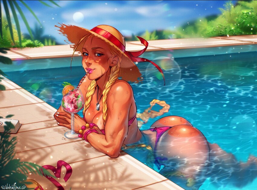 1girl ass blonde_hair bracelet braid cammy_white hat highres jewelry looking_at_viewer low_twin_braids official_alternate_costume partially_submerged scar scar_on_face smile solo straw_hat street_fighter street_fighter_6 tan tanline twin_braids valentina_tavolilla water wet