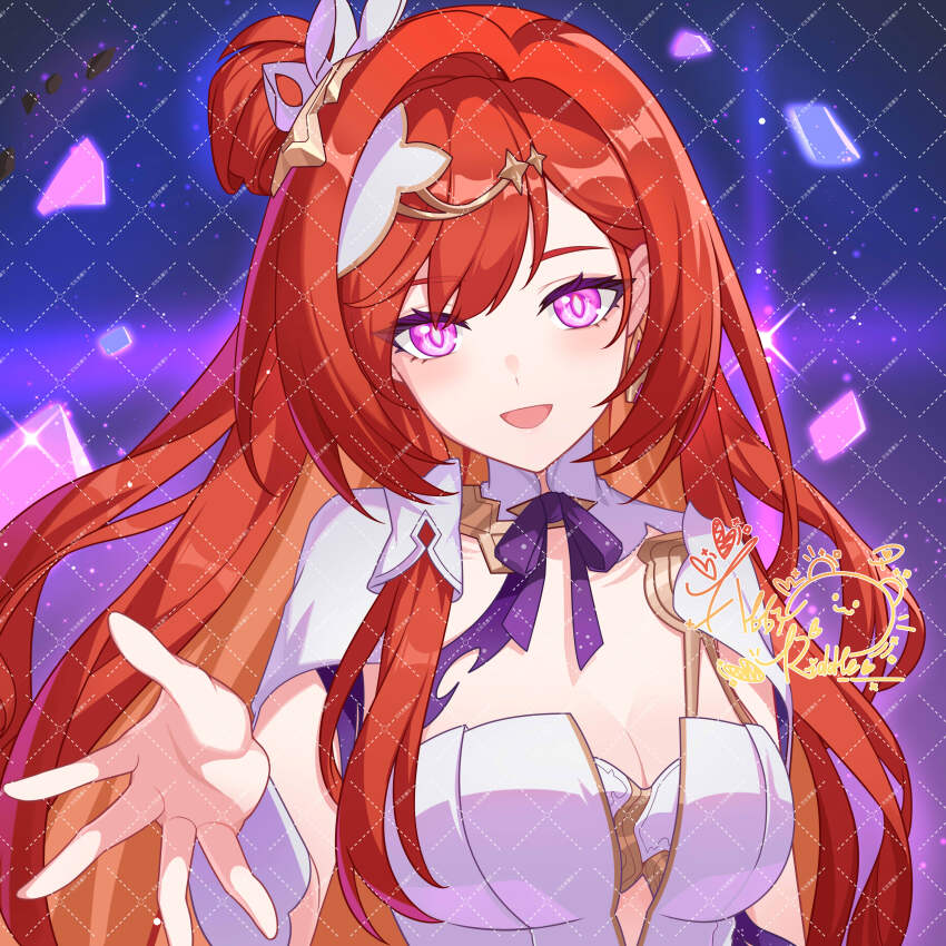1girl abby_riddle absurdres artist_logo breasts chinese_commentary cleavage colored_inner_hair commentary_request hair_ornament highres honkai_(series) honkai_impact_3rd logo long_hair looking_at_viewer medium_breasts multicolored_hair neck_ribbon official_alternate_costume open_mouth orange_hair portrait purple_eyes purple_pupils purple_ribbon reaching reaching_towards_viewer red_hair ribbon senadina_(cocoon_of_unwoven) senadina shrug_(clothing) smile solo very_long_hair white_shrug