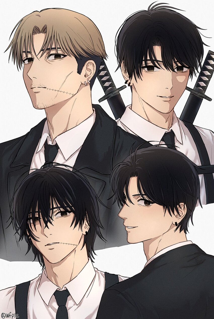 1boy black_hair black_necktie blonde_hair blush business_suit chainsaw_man collared_shirt curtained_hair ear_piercing facial_hair formal_clothes highres katana kishibe_(chainsaw_man) kishibe_(young)_(chainsaw_man) long_sleeves looking_at_viewer male_focus necktie piercing shirt short_hair simple_background stitched_mouth stitches stubble suit sword weapon weapon_on_back wfpie white_shirt