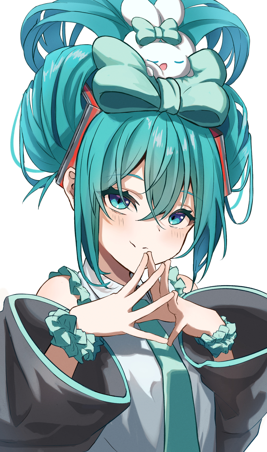 1girl 1other absurdres aqua_eyes aqua_hair asakara ascot blue_ascot blue_bow blush bow cinnamiku cinnamoroll closed_eyes closed_mouth detached_sleeves frills fuwa_fuwa_cinnamoroll hair_between_eyes hair_bow hair_bun hair_ornament hatsune_miku highres long_hair long_sleeves open_mouth sanrio scrunchie shirt simple_background smile solo vocaloid white_background white_shirt wide_sleeves wrist_scrunchie