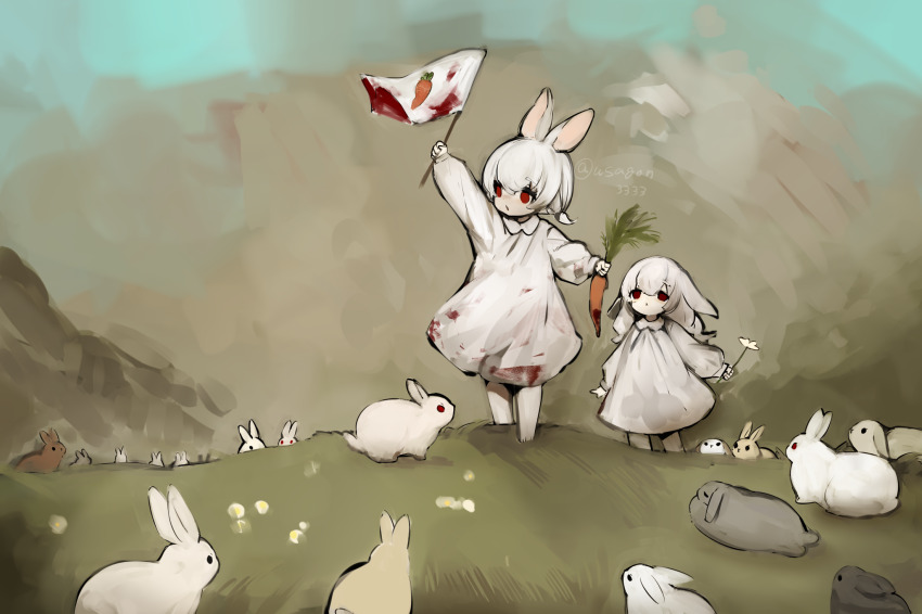 2girls :&lt; animal animal_ears arm_up barefoot black_rabbit_(animal) blood blood_on_clothes blue_sky brown_rabbit carrot collared_dress commentary_request day dress fine_art_parody flag flower grass grey_sky highres hill holding holding_carrot holding_flag holding_flower liberty_leading_the_people long_hair long_sleeves looking_at_another looking_to_the_side lop_rabbit_ears low_twintails multicolored_sky multiple_girls open_mouth original outdoors painterly parody partial_commentary puffy_long_sleeves puffy_sleeves rabbit rabbit_ears rabbit_girl red_eyes shirokujira short_hair short_twintails sky standing twintails twitter_username walking white_dress white_flower white_hair white_rabbit_(animal) wide_shot