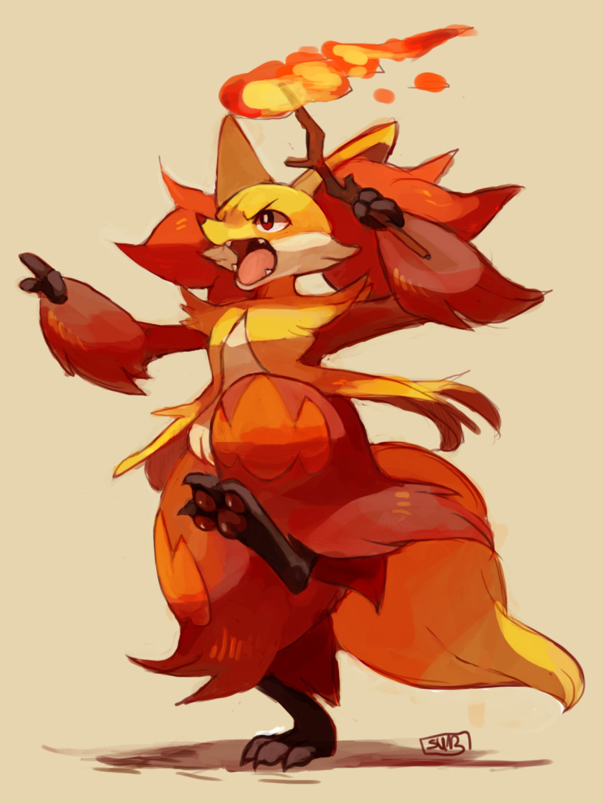 1other angry animal_ear_fluff animal_ears animal_feet animal_hands animal_nose arms_up artist_name black_fur body_fur bright_pupils claws delphox fangs feet fire fox_ears fox_tail furry gen_6_pokemon highres holding holding_stick leg_up multicolored_fur nintendo open_mouth other_focus pawpads pokemon pokemon_(creature) red_eyes red_fur signature simple_background snout solo standing standing_on_one_leg stick suikuzu tail tongue v-shaped_eyebrows white_fur white_pupils yellow_eyes yellow_fur