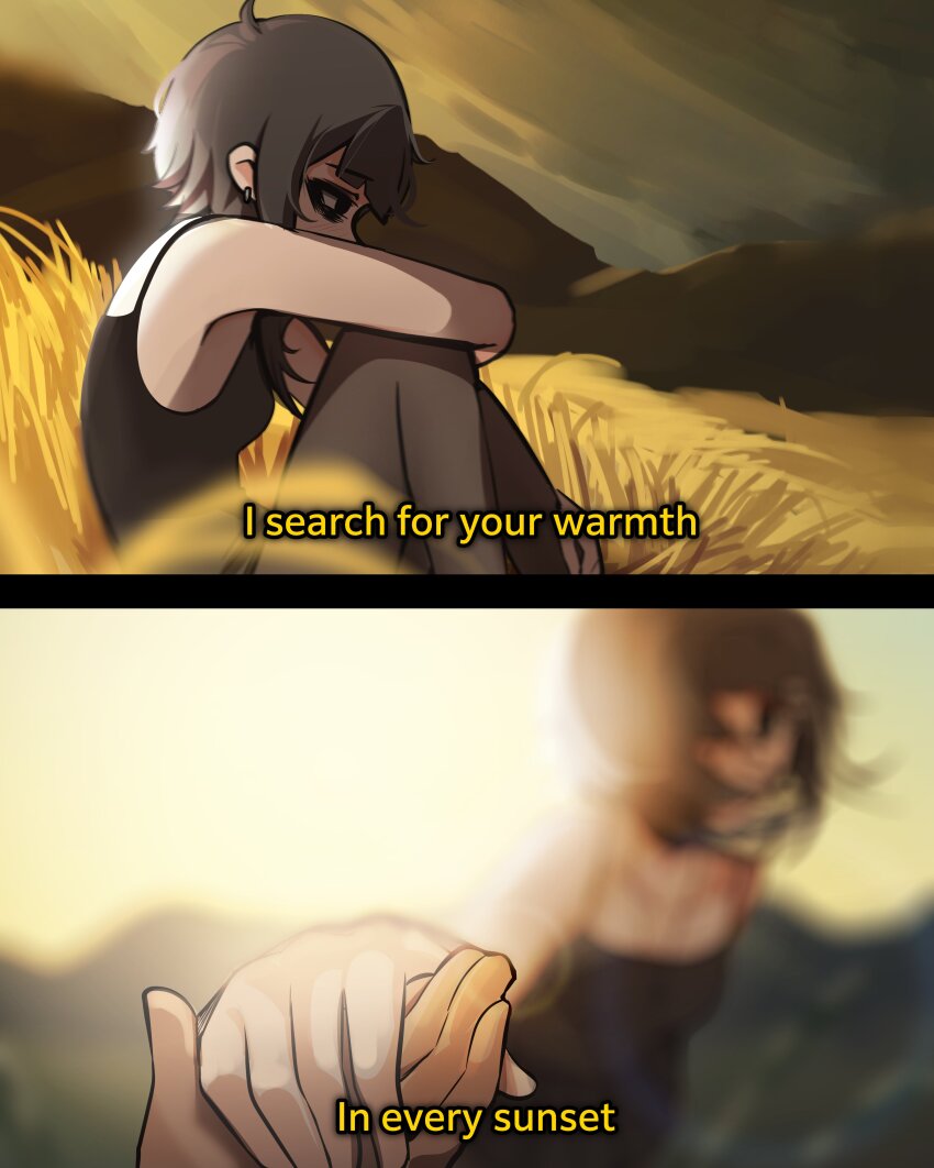 1girl absurdres black_eyes black_hair black_tank_top blurry breasts commentary english_commentary english_text hay highres holding_hands medium_hair mikuneki original pov riyo_kaede_(mikuneki) sitting small_breasts subtitled tank_top