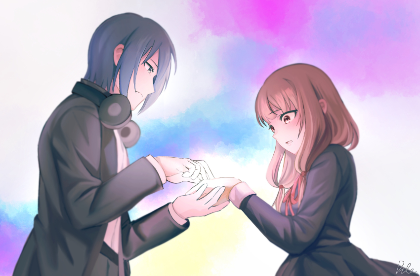 1boy 1girl black_dress black_jacket blouse blue_background brown_eyes brown_hair commentary couple dress dule_(anhaidule) from_side hand_grab headphones headphones_around_neck highres holding_hands iino_miko ishigami_yuu jacket kaguya-sama_wa_kokurasetai_~tensai-tachi_no_renai_zunousen~ long_hair long_sleeves looking_at_hand low_twintails multicolored_background pink_background school_uniform shirt short_hair shuuchiin_academy_school_uniform signature twintails white_background white_shirt yellow_background