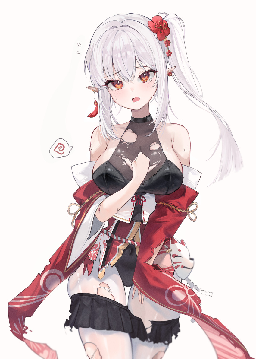1girl absurdres bare_shoulders black_leotard black_skirt breasts clothes_pull commentary commission covered_navel cowboy_shot earrings flower flying_sweatdrops gurami_(zangizarang) hair_flower hair_ornament highres japanese_clothes jewelry large_breasts leotard long_hair looking_at_viewer miniskirt open_mouth orange_eyes original pantyhose pointy_ears red_flower side_ponytail simple_background skirt skirt_pull solo tearing_up torn_cloth torn_clothes torn_pantyhose torn_skirt white_background white_hair white_pantyhose