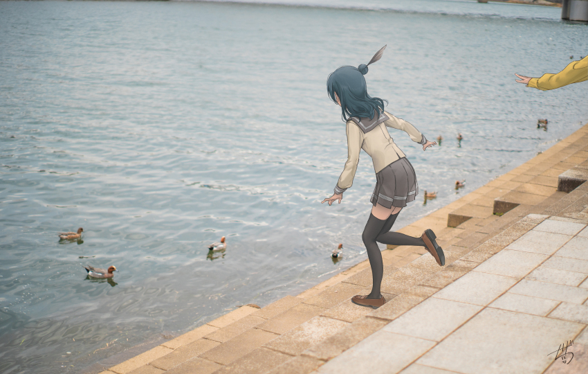 absurdres animal arm_up arms_up bird blue_hair bridge cardigan duck facing_away feathers from_behind hair_bun highres hotechige kunikida_hanamaru loafers long_sleeves love_live! love_live!_sunshine!! numazu ocean outdoors photo_background realistic sailor_collar scenery school_uniform serafuku shoes skirt sneaking stairs sweater thighhighs tsushima_yoshiko uranohoshi_school_uniform walking water