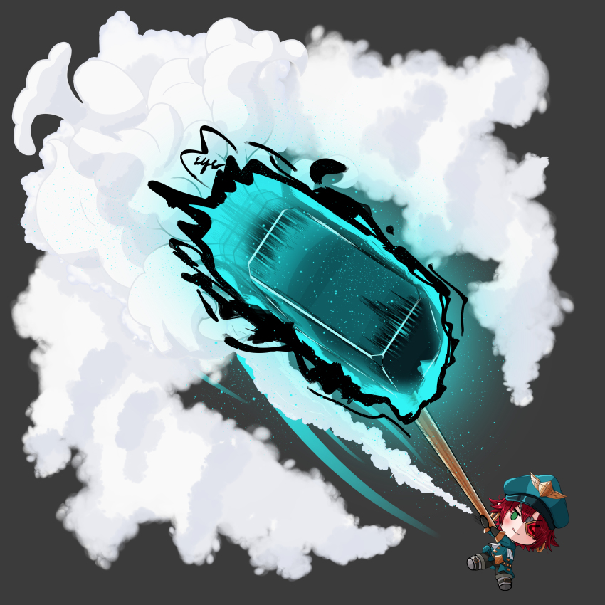 1girl absurdres belt black_gloves black_pants boots brawlhalla chibi coat cursed_energy_(jujutsu_kaisen) earrings emblem gloves green_coat green_eyes hammer hat highres holding holding_hammer hoop_earrings jewelry non-web_source pants red_hair scarlet_(brawlhalla) self-upload short_hair steam