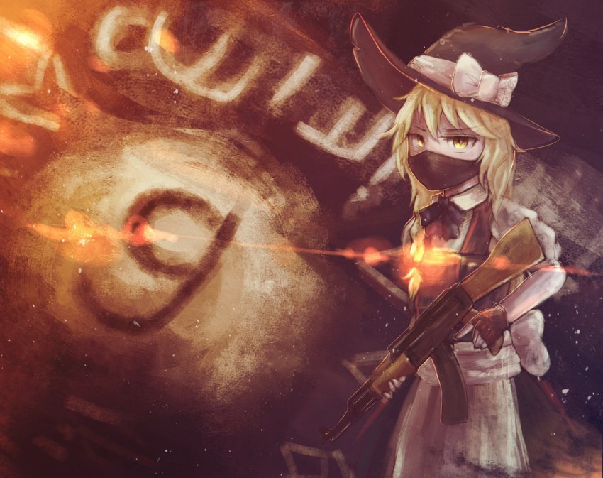 1girl ak-74 apron assault_rifle bad_id bad_vkontakte_id black_dress black_hat blonde_hair blue_ribbon bow braid covered_mouth dress english_text female_focus fingerless_gloves flag fly-gray gloves gun hair_bow hat hat_bow holding holding_weapon kalashnikov_rifle kirisame_marisa looking_at_viewer mask military mouth_mask puffy_short_sleeves puffy_sleeves ribbon rifle short_hair short_sleeves single_braid solo standing terrorism terrorist touhou trigger_discipline waist_apron weapon white_bow witch_hat yellow_eyes