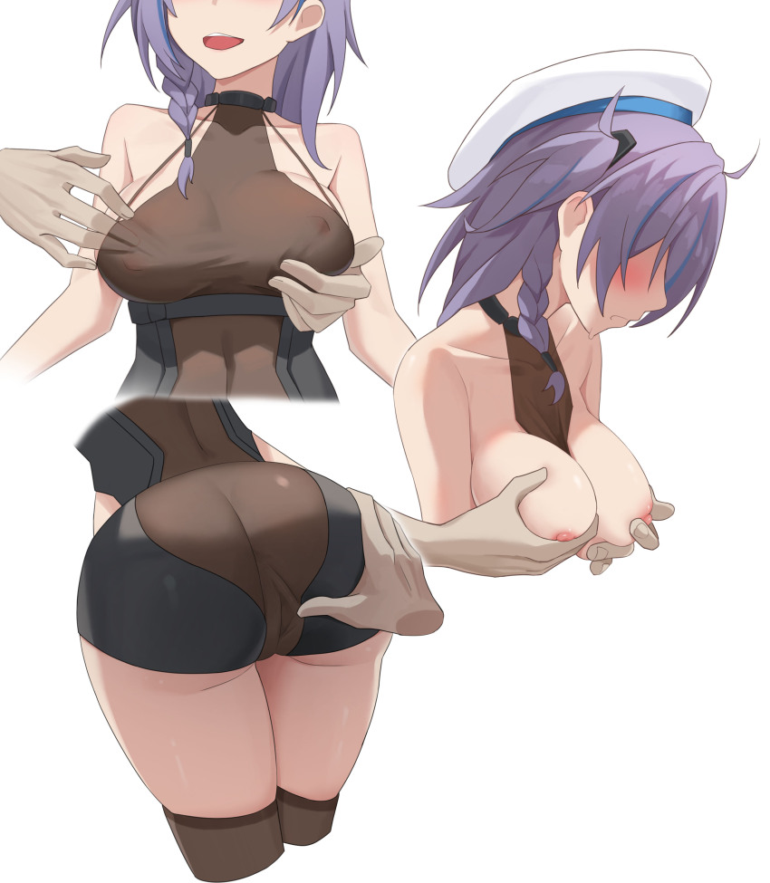 1boy 1girl a_san_san absurdres aether_gazer ass bare_shoulders black_bodysuit blue_hair blush bodysuit braid breasts covered_erect_nipples highres medium_breasts multicolored_hair nipples one_side_up purple_hair short_hair simple_background skadi_(aether_gazer) spread_pussy spread_pussy_under_clothes streaked_hair white_background