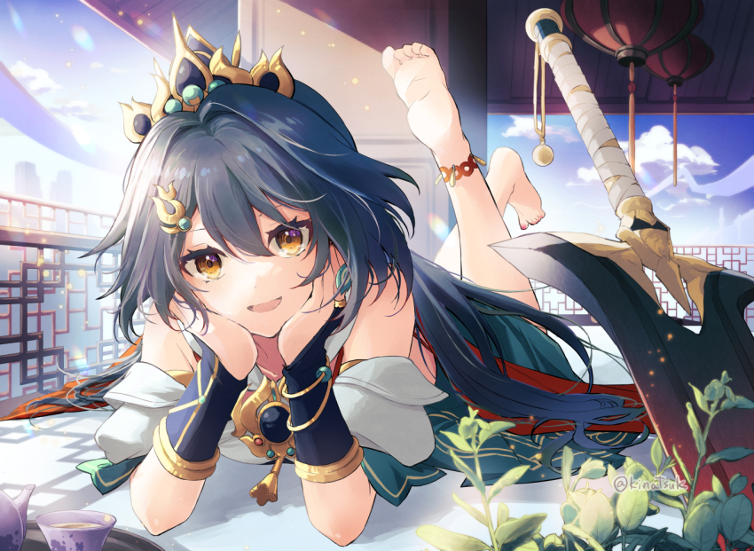 1girl ankle_strap barefoot blue_hair cloud crown cup detached_sleeves earrings feather_earrings feathers feet feet_up greatsword hands_on_own_cheeks hands_on_own_face honkai:_star_rail honkai_(series) jewelry kinatsu_k lens_flare long_hair looking_at_viewer nail_polish pink_nails plant single_earring soles solo swinging_legs sword tea tea_set teacup teapot toenail_polish toenails tray twitter_username weapon yellow_eyes yunli_(honkai:_star_rail)