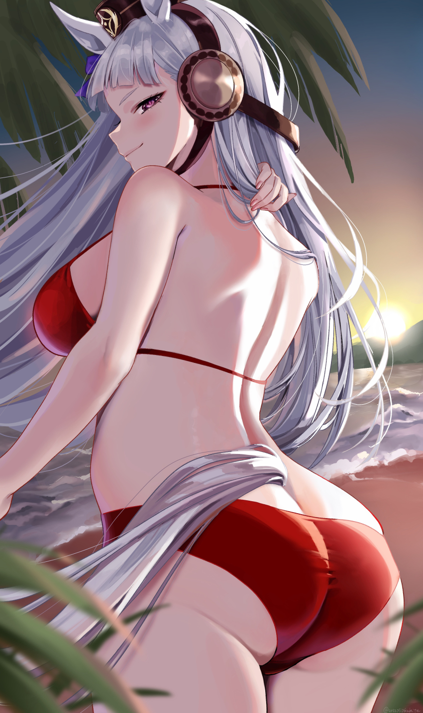 1girl absurdres adjusting_hair alternate_costume animal_ears ass bare_shoulders beach bikini blush bow breasts brown_hat butt_crack commentary cowboy_shot ear_bow evening from_behind gold_ship_(umamusume) grey_hair hair_ornament hat highres horse_ears horse_girl horse_tail long_hair looking_back medium_breasts nape ocean outdoors palm_tree pillbox_hat purple_bow purple_eyes red_bikini sand smile solo standing swimsuit tail tree umamusume very_long_hair water white_eyes_(20220506white)
