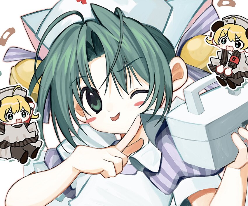 2girls ;p ahoge animal_ears antenna_hair apron bandaid bell blonde_hair blue_bow blue_dress blush_stickers bow box cat_ears chibi chibi_inset closed_mouth commentary dejiko di_gi_charat dot_nose dress drop_shadow first_aid_kit frilled_apron frills green_eyes green_hair grey_hair hair_bell hair_bow hair_ornament hat highres holding holding_box jingle_bell multiple_girls nurse_cap one_eye_closed open_mouth panda_ears parted_bangs pepeppepe101 piyoko pointing pointing_to_the_side puffy_short_sleeves puffy_sleeves short_hair short_sleeves striped_bow striped_clothes striped_dress symbol-only_commentary tongue tongue_out upper_body v-shaped_eyebrows white_apron white_hat