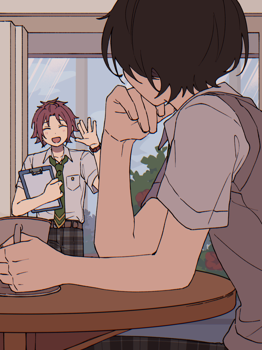 2boys absurdres breast_pocket bush cafeteria chromatic_aberration clipboard collared_shirt cup elbow_rest ensemble_stars! facing_another friends from_behind green_necktie hand_up highres holding holding_clipboard holding_cup indoors isara_mao looking_at_another male_focus multiple_boys necktie niyororinpayamaru no_jacket plant pocket round_table sakuma_ritsu school_uniform shirt sweater_vest table teacup waving white_shirt yumenosaki_school_uniform