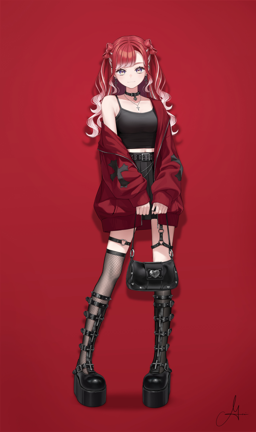 1girl absurdres bag belt black_bag black_belt black_collar black_skirt blush bokuhakiyoshi boots closed_mouth collar cross cross_earrings cross_necklace earrings fishnet_thighhighs fishnets full_body heart heart_o-ring highres holding holding_bag jacket jewelry long_hair looking_at_viewer multicolored_hair necklace nijisanji o-ring off_shoulder open_clothes open_jacket purple_hair red_background red_hair red_jacket saotome_berry signature skirt solo spaghetti_strap standing streaked_hair thigh_strap thighhighs two-tone_hair virtual_youtuber white_hair