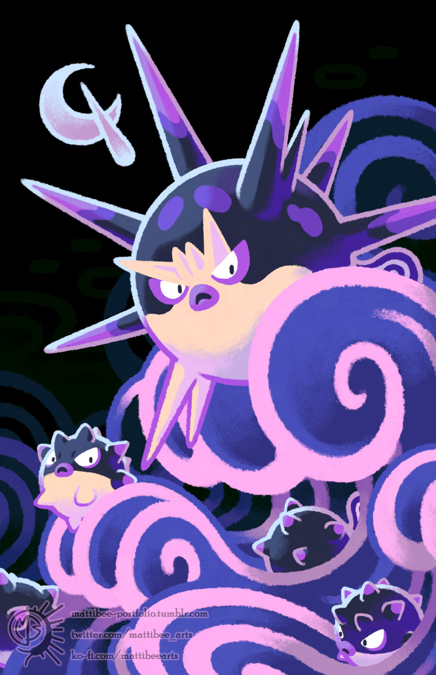 :&lt; animal_focus artist_logo artist_name black_background closed_mouth colored_lineart commentary english_commentary evolutionary_line fish full_body game_freak highres hisuian_qwilfish ko-fi_username logo looking_at_viewer mattibee nintendo no_humans overqwil pokemon pokemon_(creature) puffer_fish simple_background thick_lineart tsurime tumblr_username twitter_username watermark waves web_address