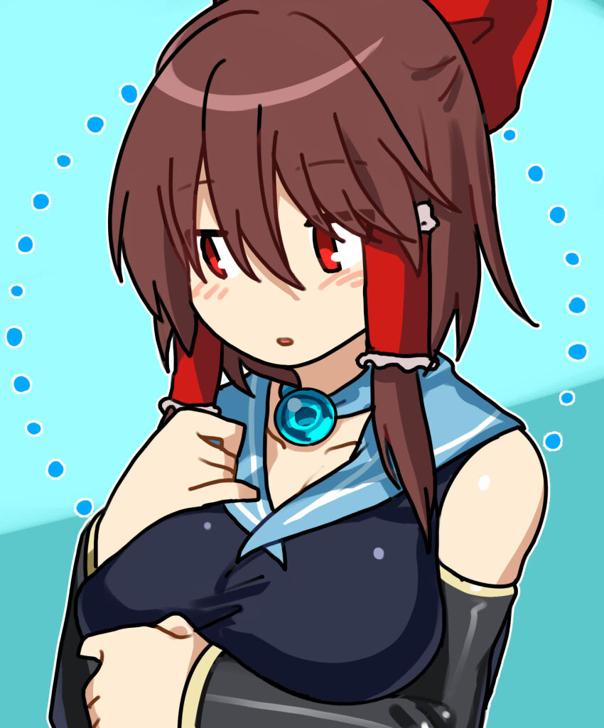 1girl arm_under_breasts black_sleeves blue_background blue_gemstone blue_sailor_collar blush bow breasts brown_hair commentary_request cookie_(touhou) detached_sleeves frilled_hair_tubes frills gem grey_one-piece_swimsuit hair_between_eyes hair_bow hair_tubes hakurei_reimu highres kakusou large_breasts long_bangs looking_to_the_side one-piece_swimsuit open_mouth red_bow red_eyes reu_(cookie) sailor_collar sailor_one-piece_swimsuit short_hair_with_long_locks sidelocks solo swimsuit touhou upper_body