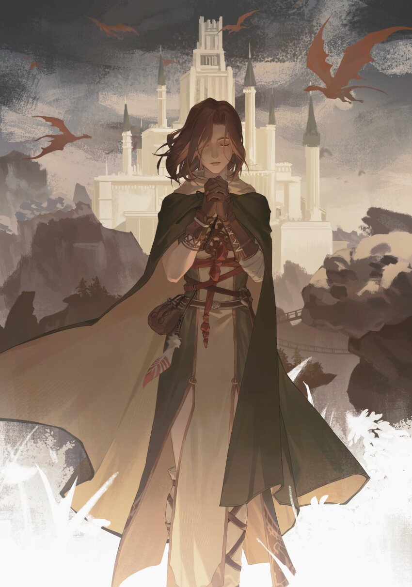 1girl belt brown_belt brown_gloves cape castle closed_eyes commentary_request dark_souls_(series) dark_souls_ii dragon dress emerald_herald floating_hair geranbb gloves green_cape green_dress hair_over_one_eye highres one_eye_covered outdoors own_hands_together parted_lips short_hair solo two-tone_cape two-tone_dress white_cape white_dress