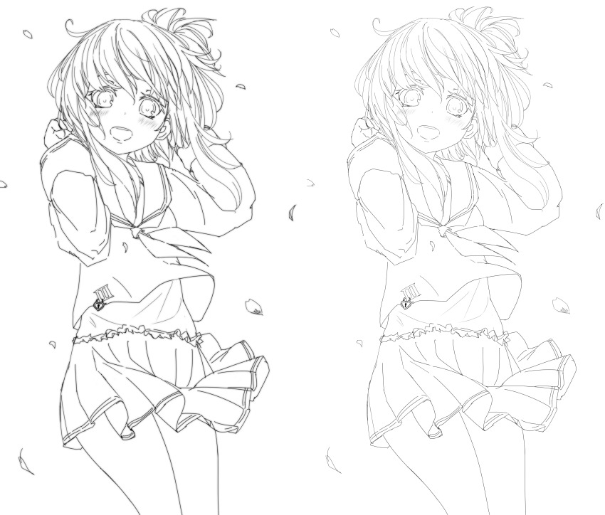 10s 1girl :d absurdres blush folded_ponytail greyscale heart-shaped_lock heart_lock heart_lock_(kantai_collection) highres ikameshi_(ika_meshi) inazuma_(kancolle) kantai_collection lineart long_hair looking_at_viewer monochrome multiple_views open_mouth pantyhose petals pleated_skirt school_uniform serafuku simple_background skirt smile variations