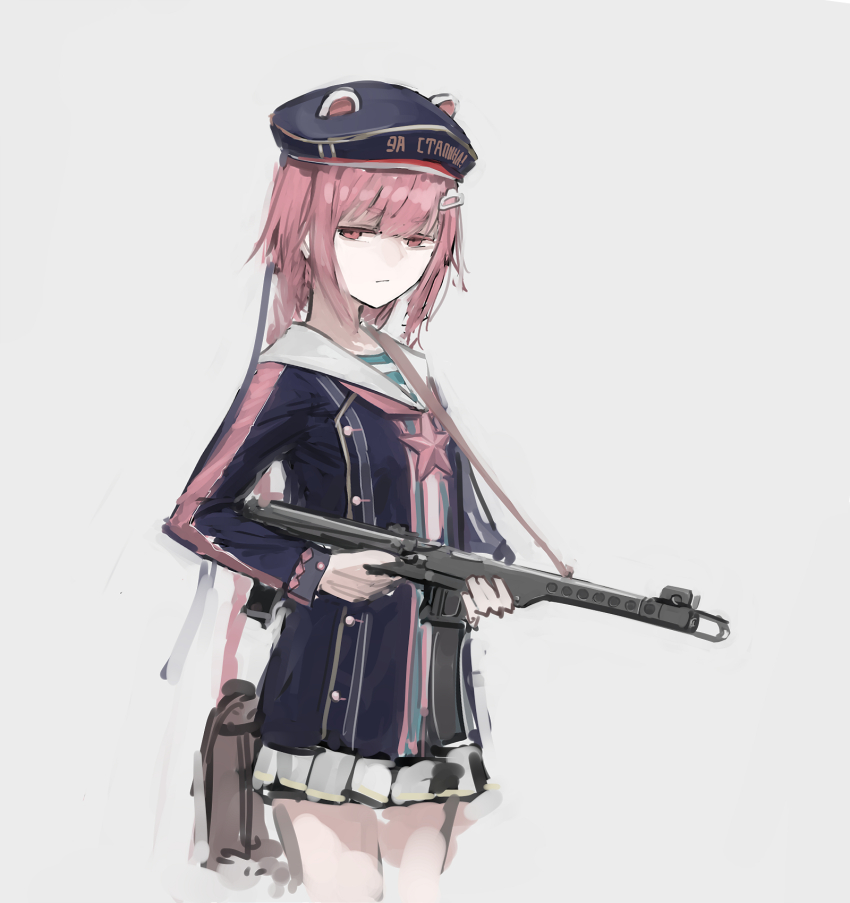 1girl animal_ears braid closed_mouth female_focus girls&#039;_frontline gloves grey_background grey_skirt gun hair_ornament hairclip hat highres holding holding_gun holding_weapon jacket long_hair long_sleeves looking_at_viewer pink_hair pps-43 pps-43_(girls&#039;_frontline) rampart1028 red_eyes red_star sailor shirt sidelocks simple_background skirt solo standing star_(symbol) striped_clothes striped_shirt submachine_gun telnyashka uniform weapon white_gloves