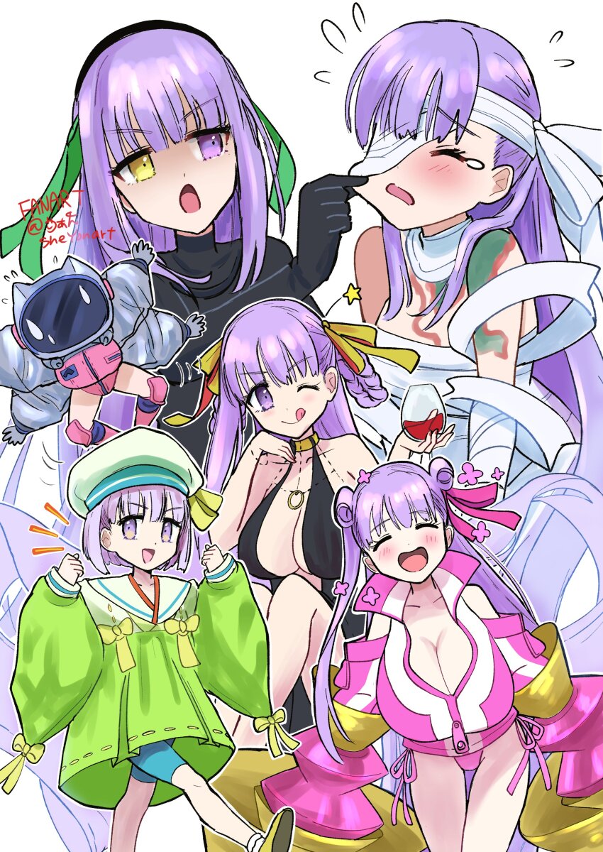 6+girls absurdres bandage_over_one_eye bandaged_arm bandages bb_(fate) bb_cosmo_(fate) bb_dubai_(fate) beret black_dress braid braided_hair_rings breasts cheek_pull chibi cleavage cup double_bun dress drinking_glass fate/grand_order fate_(series) hair_bun hair_rings hat helmet heterochromia highres huge_breasts kazuradrop_(fate) kazuradrop_(first_ascension)_(fate) kingprotea_(fate) large_breasts long_hair multiple_girls nail_polish one_eye_closed passionlip_(celeb_summer_experience_swimsuit)_(fate) passionlip_(fate) purple_eyes purple_hair sheyona space_helmet tears tongue tongue_out very_long_hair wide_sleeves wine_glass xochitonal_(fate) yellow_eyes