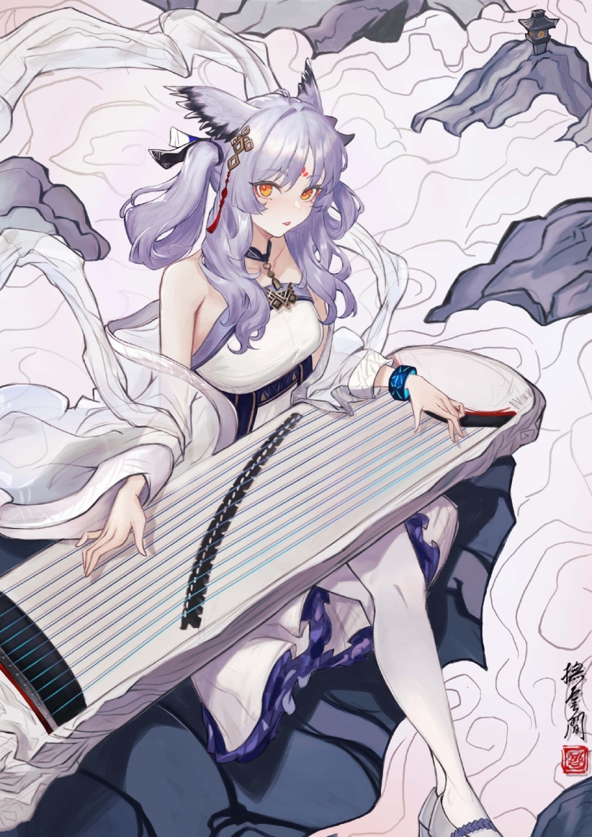 1girl arknights bare_shoulders black_choker breasts choker dress facial_mark feather_hair forehead_mark full_body grey_hair guzheng hair_ornament highres holding huadian instrument long_hair looking_at_viewer manche5ter orange_eyes pantyhose ptilopsis_(amongst_the_clouds)_(arknights) ptilopsis_(arknights) shawl shoes sitting solo tassel tassel_hair_ornament white_dress white_pantyhose