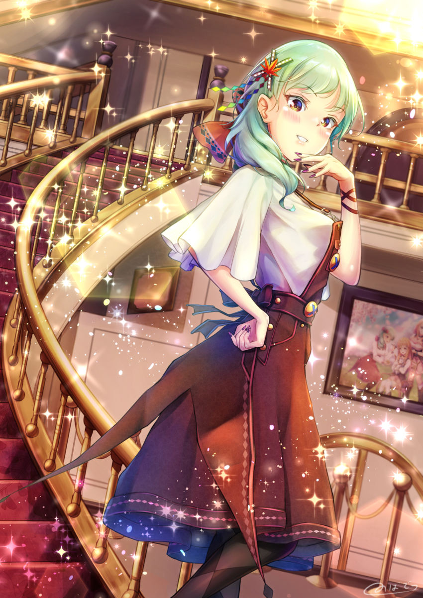 1girl akizora_mona blush breasts dress female_focus fingernails green_hair hair_ornament highres long_fingernails long_hair looking_at_viewer novady original pantyhose parted_lips red_skirt sharp_fingernails sideboob skirt smile solo