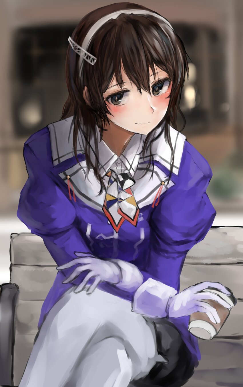 1girl 73suke absurdres ascot ashigara_(kancolle) ashigara_kai_ni_(kancolle) blurry blurry_background blush breasts brown_eyes brown_hair building coffee crossed_legs cup day disposable_coffee_cup disposable_cup fake_horns gloves hair_between_eyes hairband highres holding holding_cup horned_headwear horns indoors jacket kantai_collection large_breasts long_hair long_sleeves looking_at_viewer medium_breasts military_uniform mug multicolored_ascot neckerchief pantyhose print_neckerchief purple_jacket shirt sitting skirt smile solo wavy_hair white_gloves white_hairband white_pantyhose