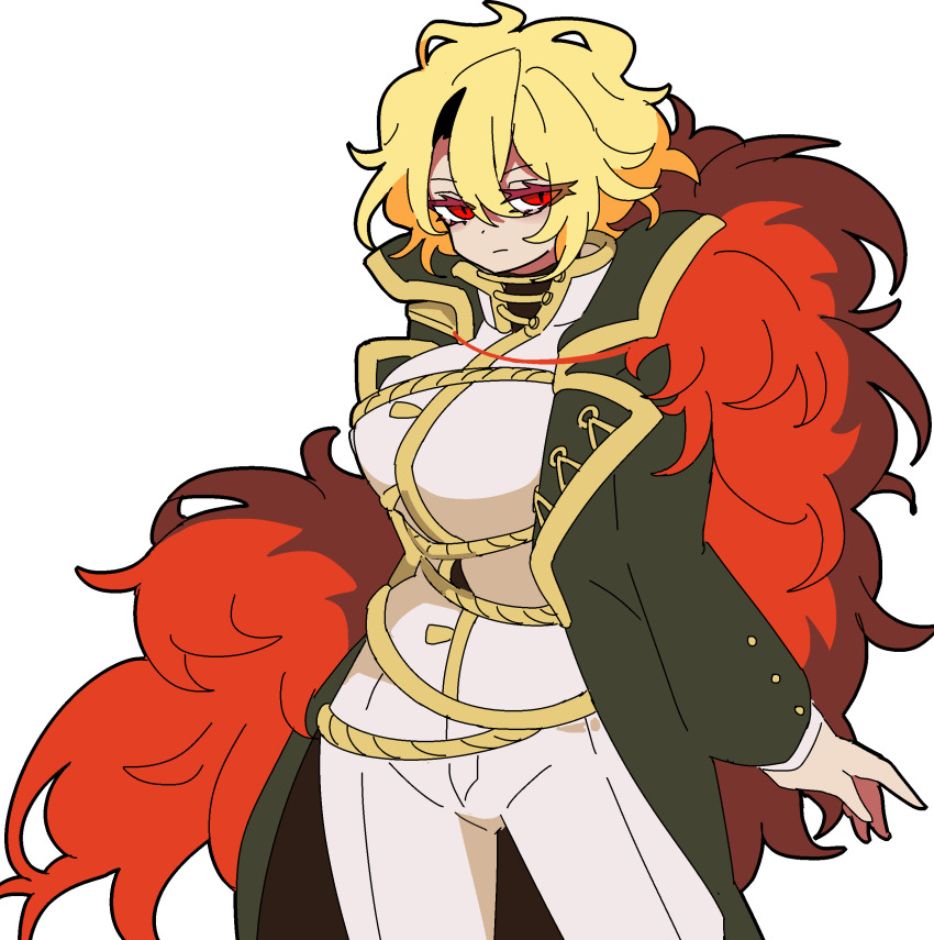 1girl absurdres black_coat blonde_hair breasts closed_mouth coat don_quixote_(project_moon) gold_trim highres jacket kekeken lapels large_breasts limbus_company long_sleeves looking_at_viewer notched_lapels pants project_moon red_eyes sancho_(project_moon) short_hair solo white_jacket white_pants
