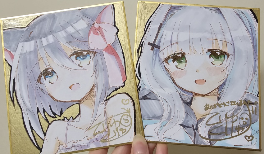 2girls :d animal_ears bare_shoulders blue_archive blue_eyes blue_jacket blush bow camisole collarbone drawstring frilled_camisole frills green_eyes grey_hair grey_hoodie hair_between_eyes hair_bow hair_intakes hare_(blue_archive) highres hood hood_down hoodie jacket kuriyuzu_kuryuu long_hair multiple_girls open_mouth original photo_(medium) pink_bow shikishi signature smile traditional_media upper_body white_camisole