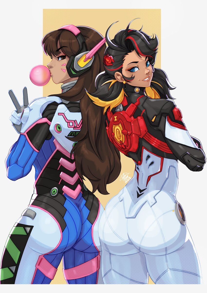 2girls absurdres animal_print ass blowing_bubble_gum blue_bodysuit blue_eyes bodysuit brown_eyes brown_hair chewing_gum cropped_legs crossover d.va_(overwatch) facepaint facial_mark highres looking_at_viewer looking_back marvel marvel_rivals mecha_pilot_suit multiple_girls overwatch peni_parker rabbit_print ribbed_bodysuit skin_tight smile spider-man_(series) standing tovio_rogers