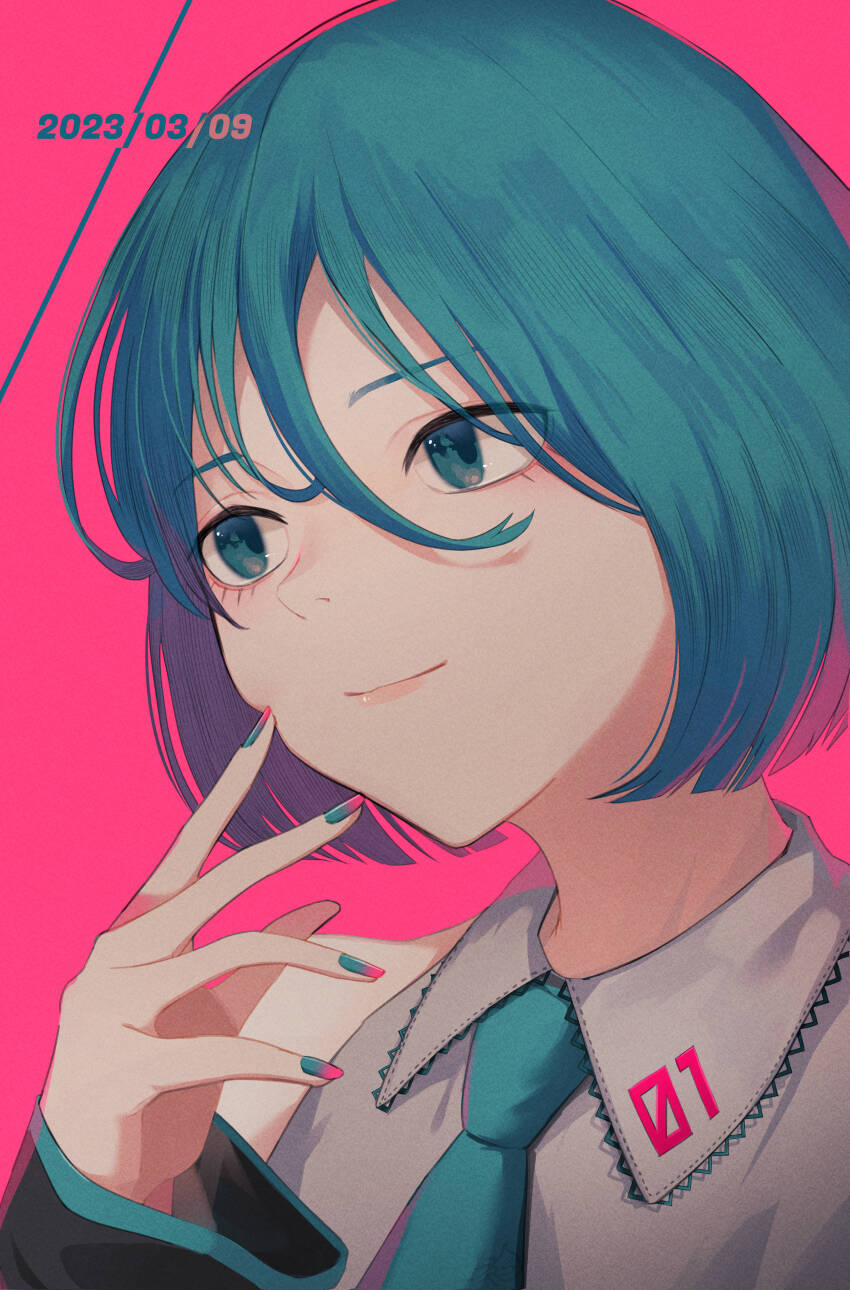1girl absurdres alternate_hair_length alternate_hairstyle aqua_eyes aqua_hair aqua_nails bare_shoulders blue_necktie bob_cut detached_sleeves finger_to_cheek grey_shirt hatsune_miku highres looking_to_the_side miku_day multicolored_nails necktie nekochu_(masamura38b) pink_background pink_nails shirt short_hair sleeveless sleeveless_shirt smile two-tone_nails