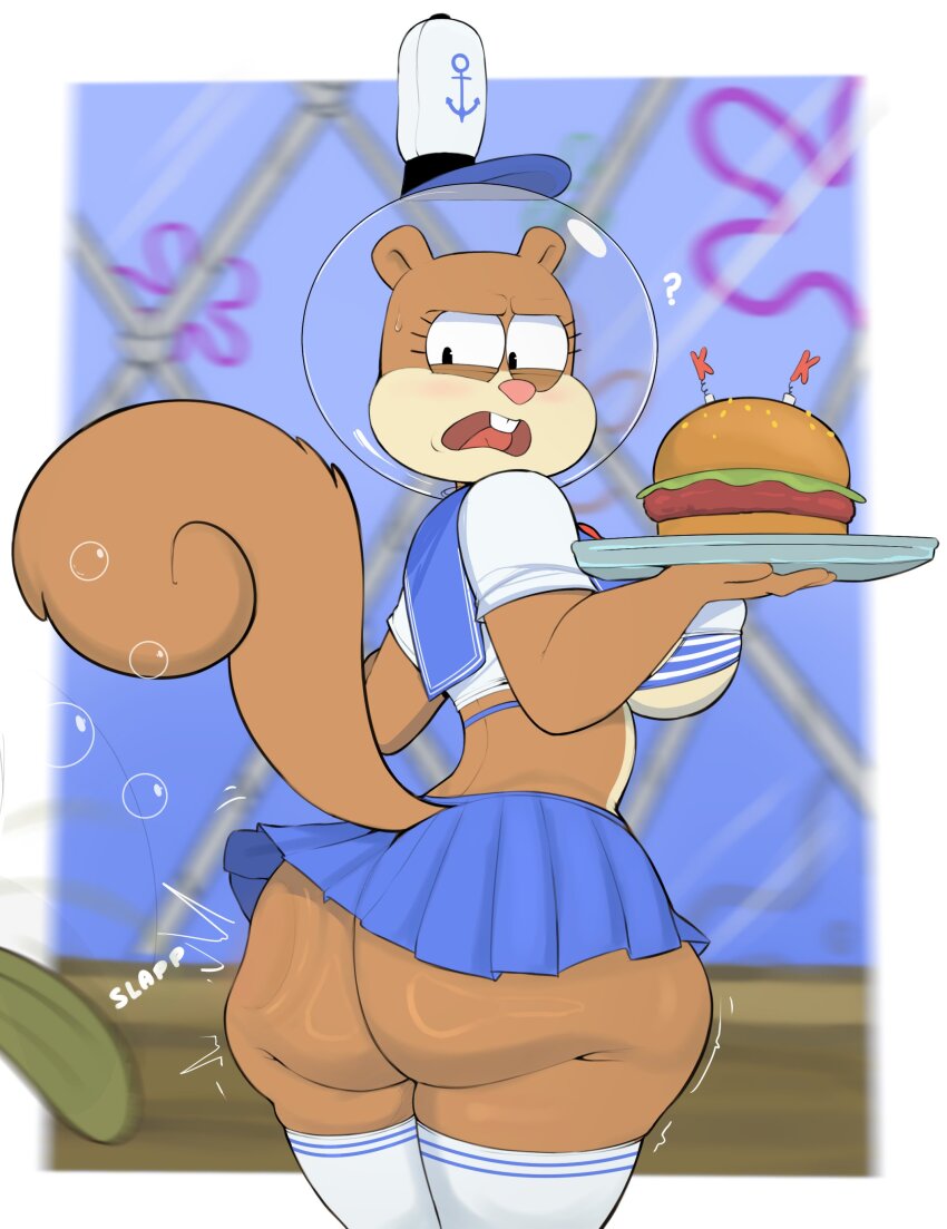 1girl 2024 ? absurdres ass ass_focus ass_ripple backboob black_eyes blue_skirt blush bottomless bra breasts brown_fur bubble buck_teeth burger covered_erect_nipples dress employee_uniform female_focus flower food furry furry_female hat headgear highres huge_ass indoors large_breasts looking_back microskirt miniskirt multicolored_fur nickelodeon open_mouth panties public_indecency restaurant sailor_collar sailor_dress sailor_hat sailor_uniform sandwich sandy_cheeks skirt slapping solo_focus sound_effects spanking spongebob_squarepants spongebob_squarepants_(series) squirrel squirrel_tail standing sweat sweatdrop tail teeth thick_thighs thighhighs thighs tongue tray tree underboob underwater underwear usnarbit wide_hips