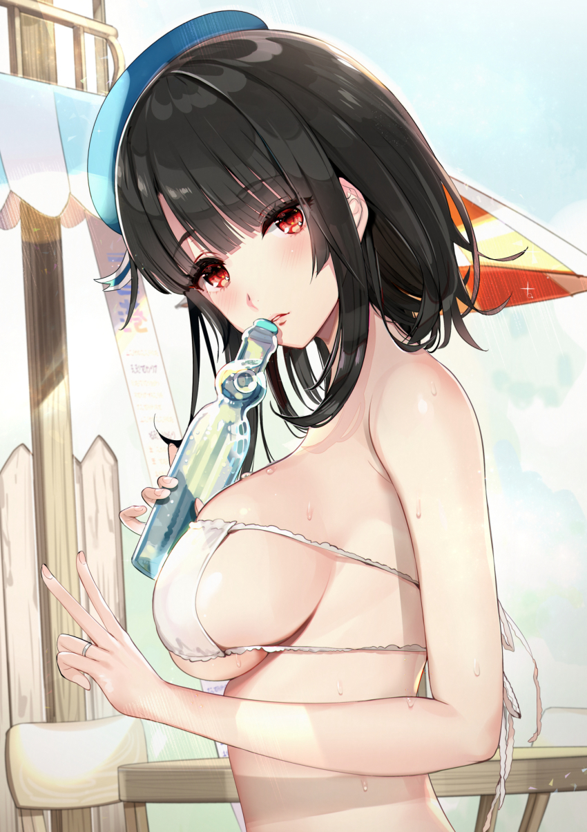 1girl ascot beret bikini black_hair blush bottle breasts eyepatch_bikini hat hayakawa_akari highres jewelry kantai_collection large_breasts lips looking_at_viewer outdoors parted_lips ramune red_eyes ring short_hair solo sweat swimsuit takao_(kancolle) upper_body wedding_band white_ascot white_bikini