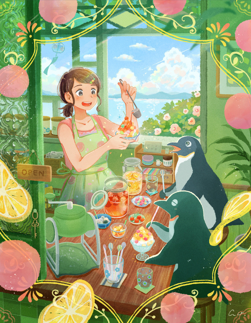 1girl animal ao_(aohari) apron bird brown_hair bush cherry cloud cumulonimbus_cloud day flower food fruit green_apron hibiscus highres holding ladle lemonade open_mouth original penguin ponytail print_apron shaved_ice short_ponytail spoon table water wind_chime window