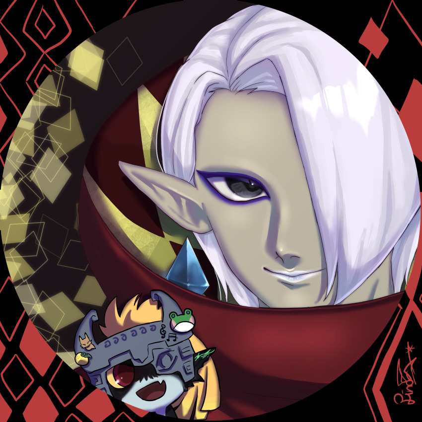 1boy 1girl absurdres artist_name badge black_eyes black_skin button_badge cape chibi chibi_inset closed_mouth colored_sclera colored_skin demon_girl eyeliner fang ghirahim grey_headwear grey_skin hair_over_one_eye happy helmet high_collar highres male_focus midna multicolored_skin musical_note nintendo one_eye_covered open_mouth orange_hair pointy_ears portrait purple_eyeliner red_cape red_eyes round_image s_(esumi_kihomaru) short_hair signature skin_fang smile solo_focus the_legend_of_zelda the_legend_of_zelda:_skyward_sword the_legend_of_zelda:_twilight_princess two-tone_skin white_hair white_lips white_skin yellow_sclera