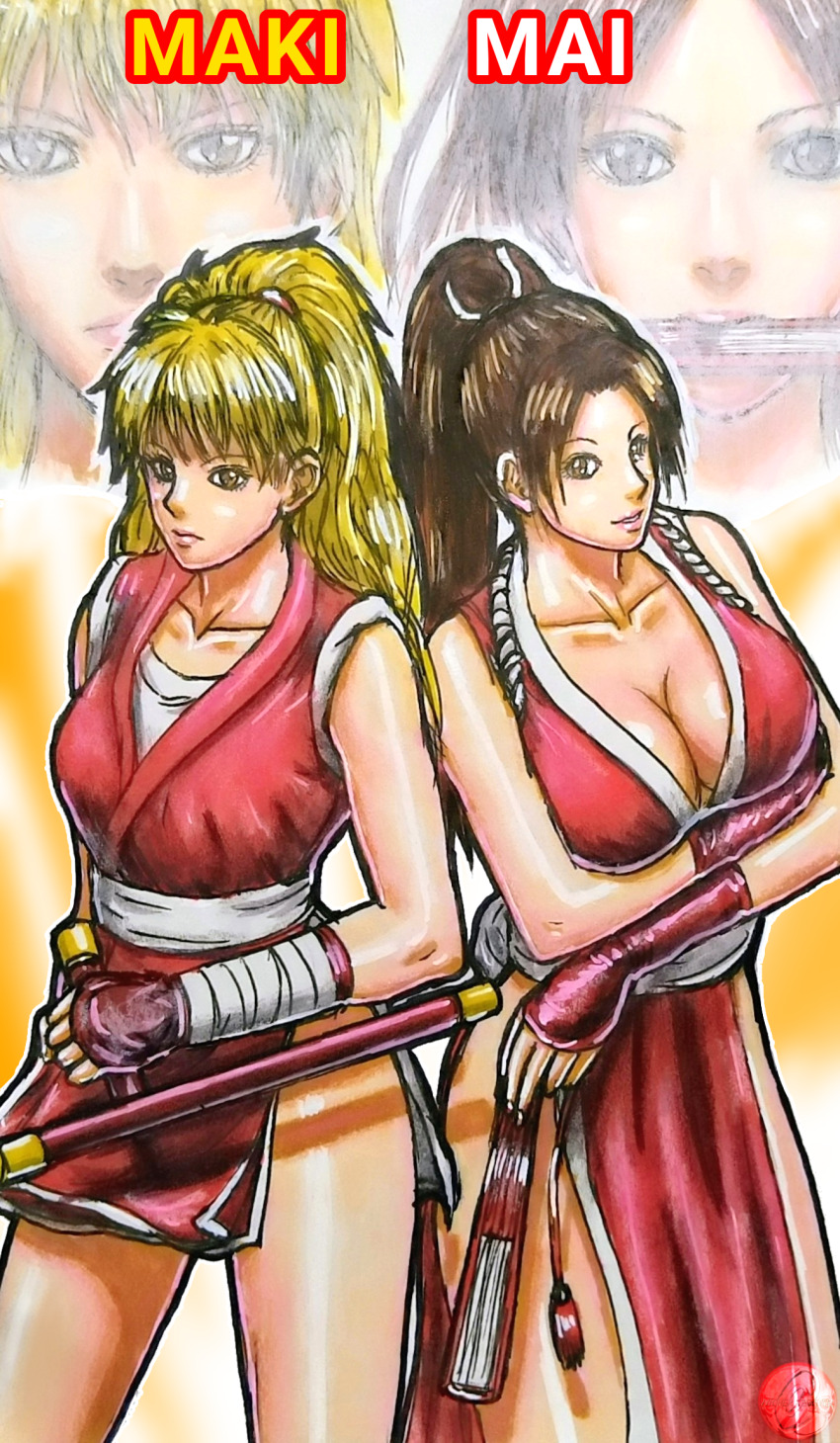 2girls breasts crossover fatal_fury final_fight final_fight_2 genryuusai_maki highres large_breasts long_hair multiple_girls ponytail shiranui_mai