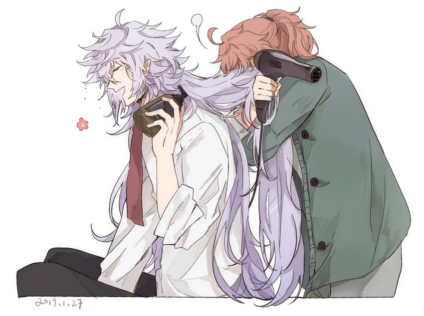 2boys :d ahoge alternate_costume black_pants bottle closed_eyes crossed_arms dated face_in_hair fate/grand_order fate_(series) flower from_side green_jacket green_pants green_shirt hair_between_eyes hair_dryer holding holding_another&#039;s_hair holding_bottle holding_hair_dryer jacket long_hair long_sleeves male_focus merlin_(fate) multiple_boys open_clothes open_jacket open_mouth orange_hair pants ponytail puff_of_air purple_hair romani_archaman ruoyin shampoo shampoo_bottle shirt simple_background smile u_u very_long_hair wet wet_hair white_background white_shirt
