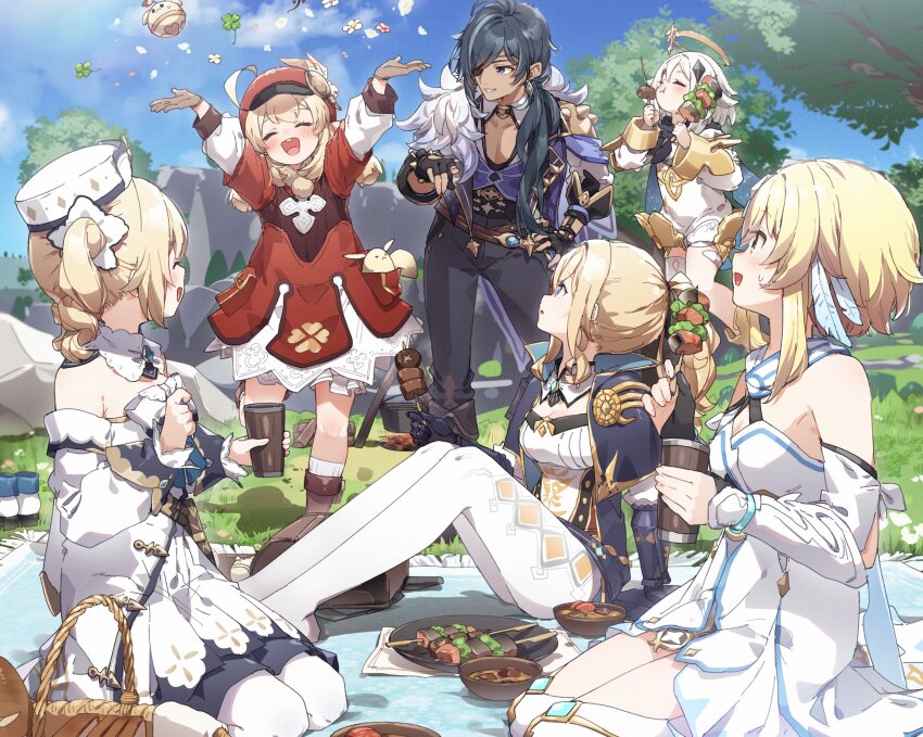 1boy 5girls absurdres barbara_(genshin_impact) bare_shoulders black_gloves blonde_hair boots breasts brown_gloves brown_hair cleavage closed_mouth cloud commentary_request day dress gauntlets genshin_impact gloves highres jean_(genshin_impact) kaeya_(genshin_impact) klee_(genshin_impact) long_hair long_sleeves lumine_(genshin_impact) medium_breasts multiple_girls open_mouth outdoors paimon_(genshin_impact) pants pantyhose partially_fingerless_gloves pointy_ears short_hair short_twintails sitting smile standing thigh_boots twintails white_boots white_dress white_pants white_pantyhose yukie_(kusaka_shi)